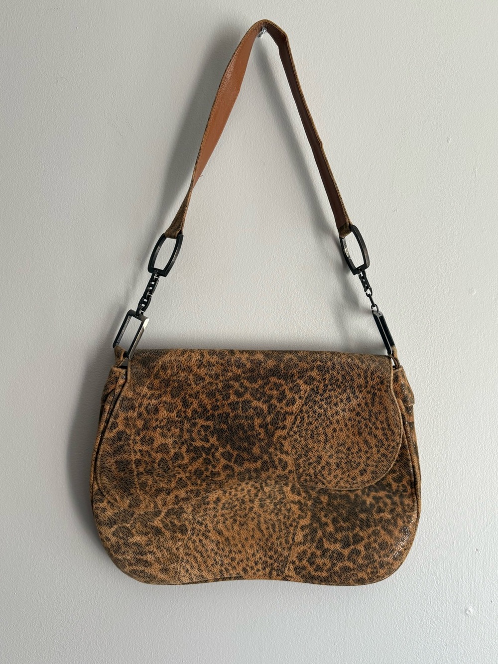 Y2K Vintage Stuart Weiztman Leopard Print Shoulder Bag with Hardware Accents